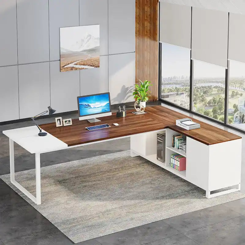 Grand bureau d'ordinateur en L de 70,9 pouces, bureau de direction avec caisson de rangement, pour bureau à domicile