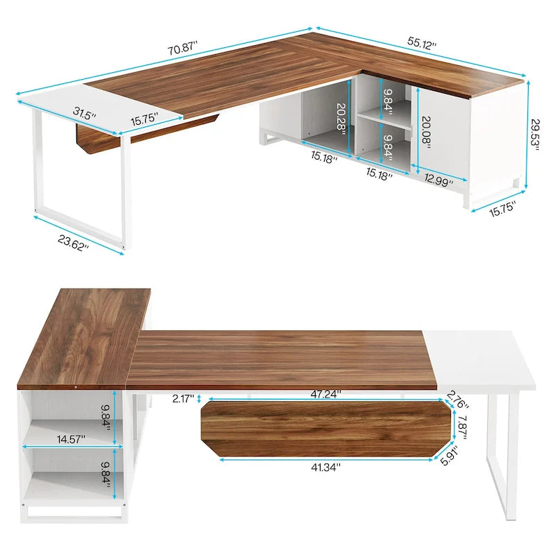 Grand bureau d'ordinateur en L de 70,9 pouces, bureau de direction avec caisson de rangement, pour bureau à domicile