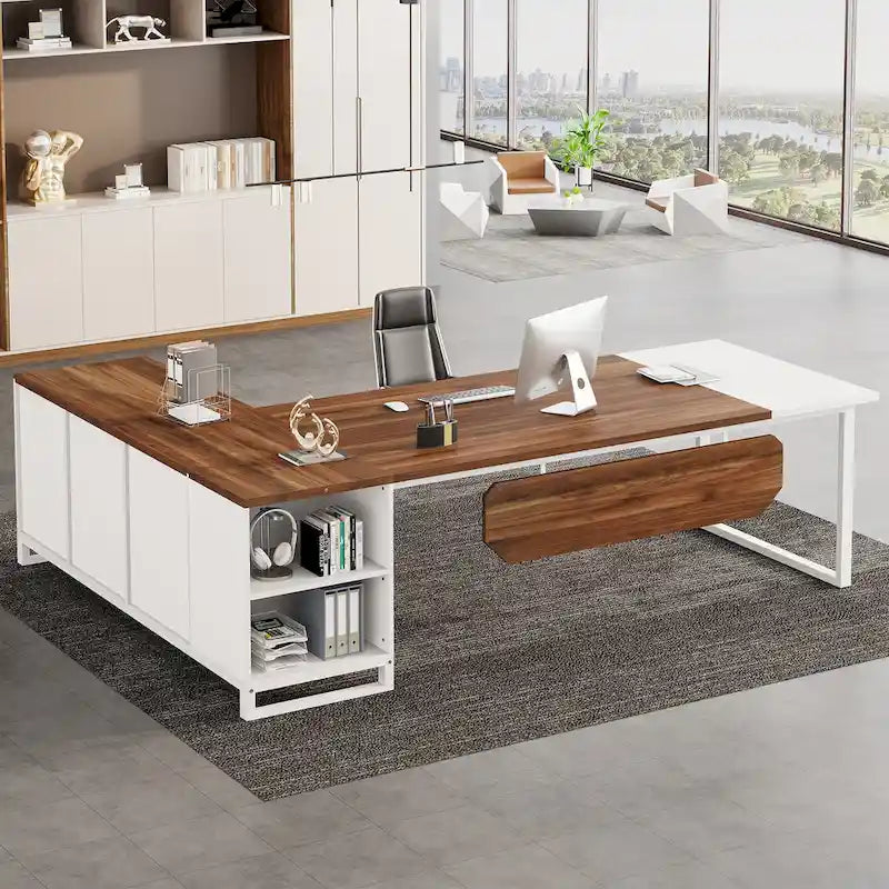 Grand bureau d'ordinateur en L de 70,9 pouces, bureau de direction avec caisson de rangement, pour bureau à domicile