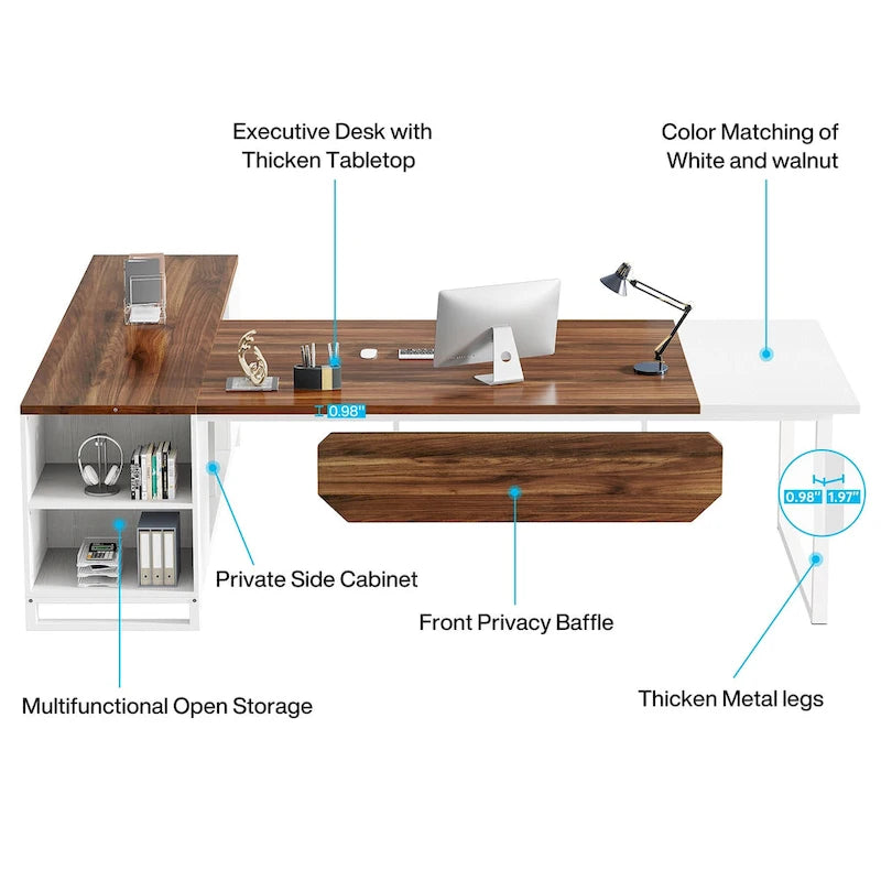 Grand bureau d'ordinateur en L de 70,9 pouces, bureau de direction avec caisson de rangement, pour bureau à domicile