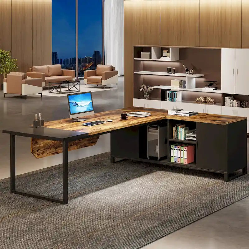 Grand bureau d'ordinateur en L de 70,9 pouces, bureau de direction avec caisson de rangement, pour bureau à domicile