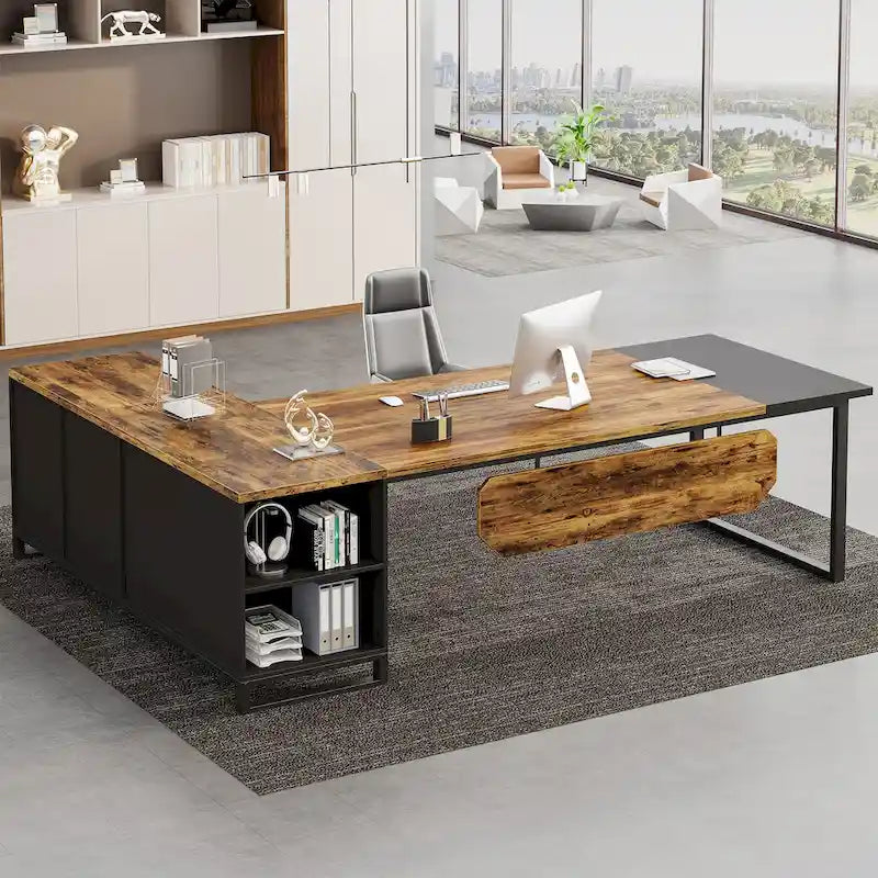Grand bureau d'ordinateur en L de 70,9 pouces, bureau de direction avec caisson de rangement, pour bureau à domicile