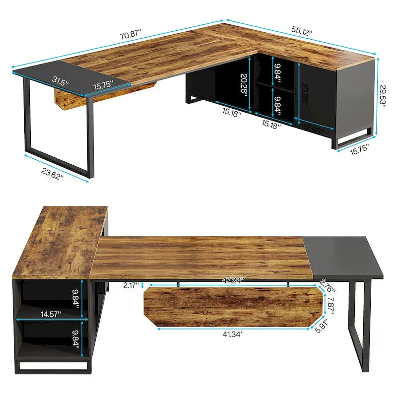 Grand bureau d'ordinateur en L de 70,9 pouces, bureau de direction avec caisson de rangement, pour bureau à domicile