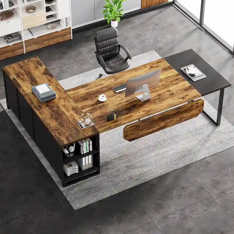 Grand bureau d'ordinateur en L de 70,9 pouces, bureau de direction avec caisson de rangement, pour bureau à domicile