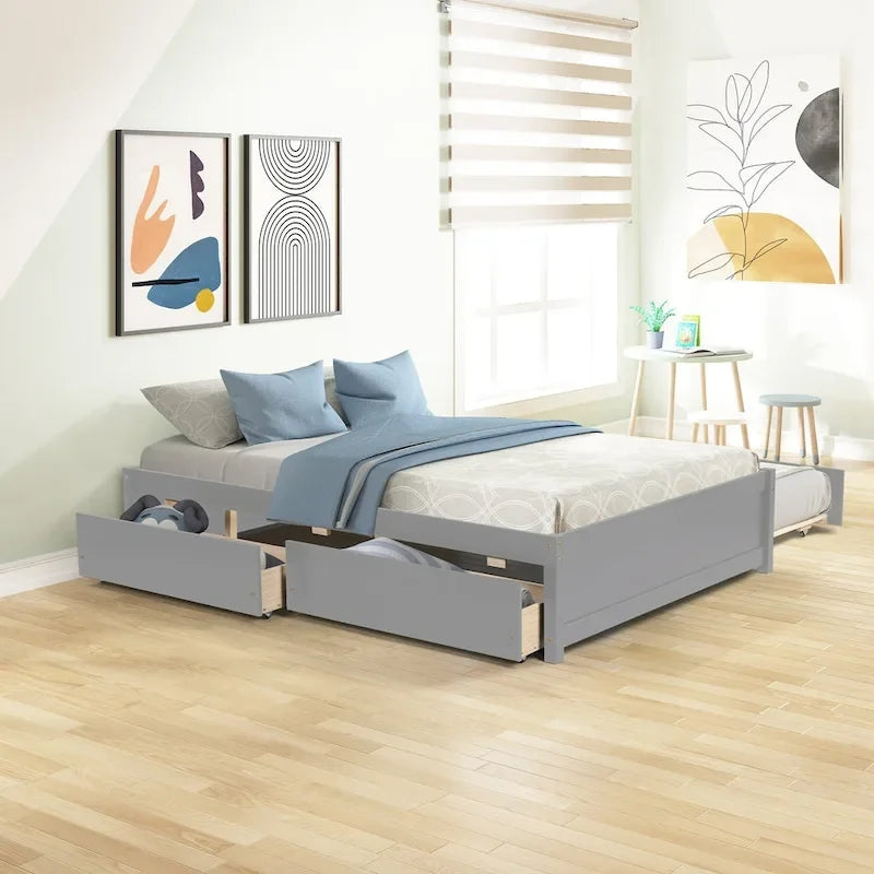 Lit double avec lit gigogne simple et deux tiroirs