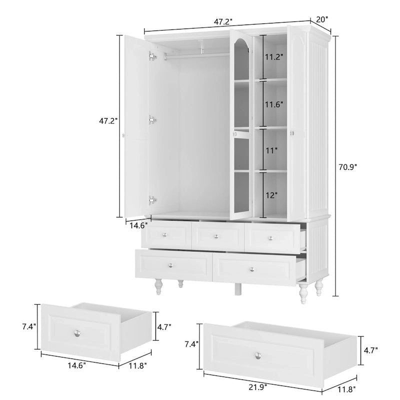 Garde-robe/Armoire/Placard familial de 70,9H avec portes miroir laque blanche