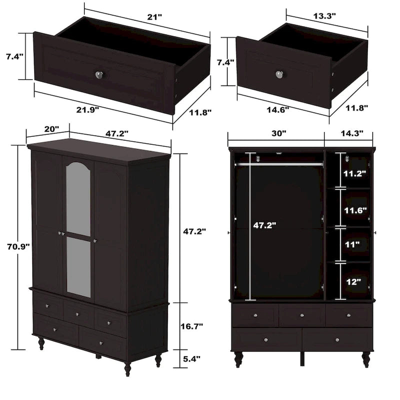 Garde-robe/Armoire/Placard familial de 70,9H avec portes miroir laque blanche
