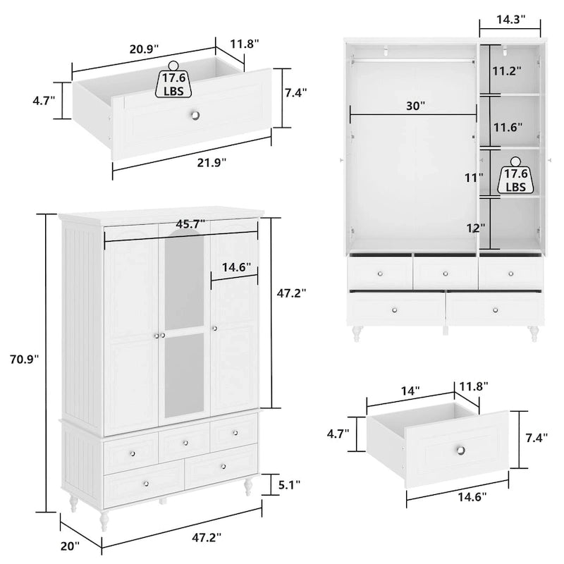 Garde-robe/Armoire/Placard familial de 70,9H avec portes miroir laque blanche