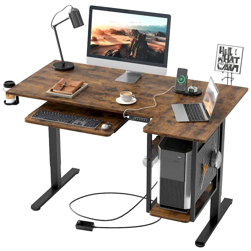 Bureau électrique assis-debout en forme de L de 57 pouces à hauteur réglable avec plateau de clavier et étagère hôte
