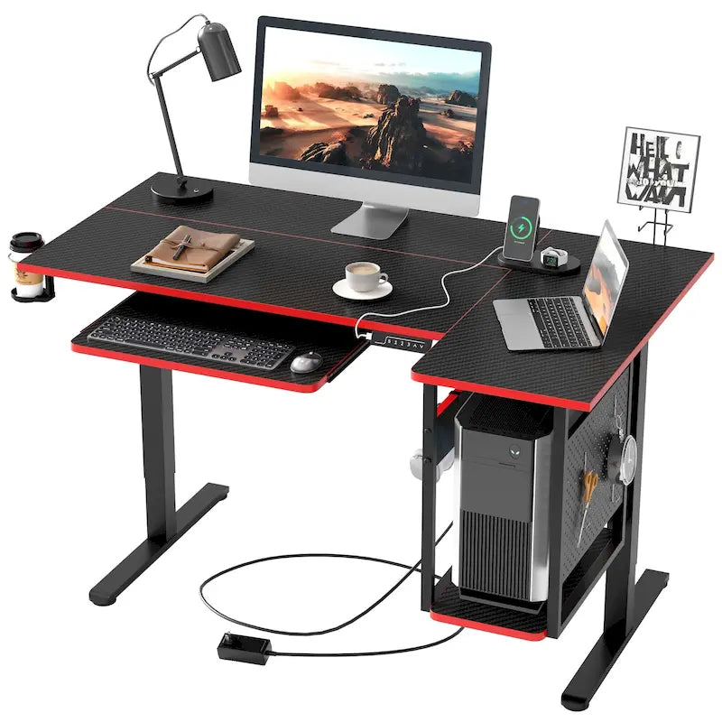 Bureau électrique assis-debout en forme de L de 57 pouces à hauteur réglable avec plateau de clavier et étagère hôte