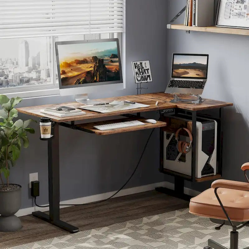 Bureau électrique assis-debout en forme de L de 57 pouces à hauteur réglable avec plateau de clavier et étagère hôte