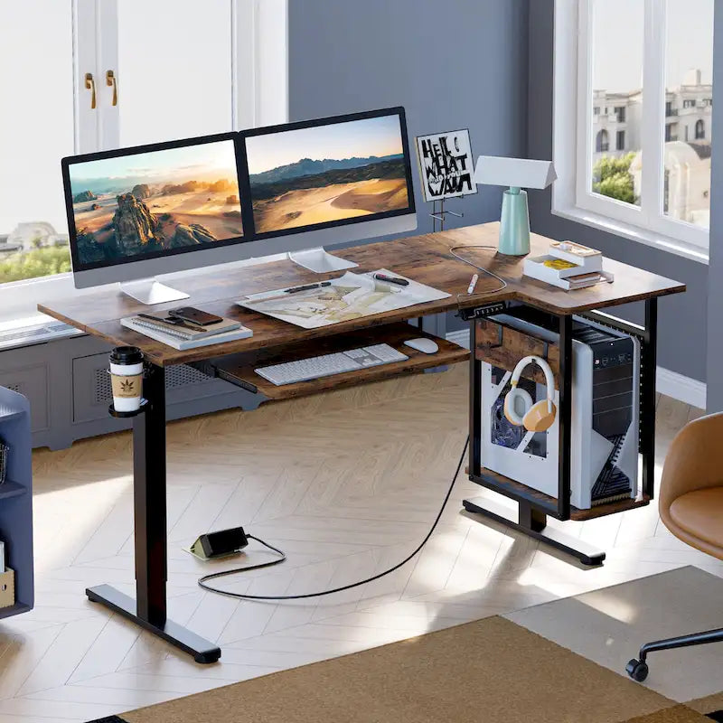 Bureau électrique assis-debout en forme de L de 57 pouces à hauteur réglable avec plateau de clavier et étagère hôte