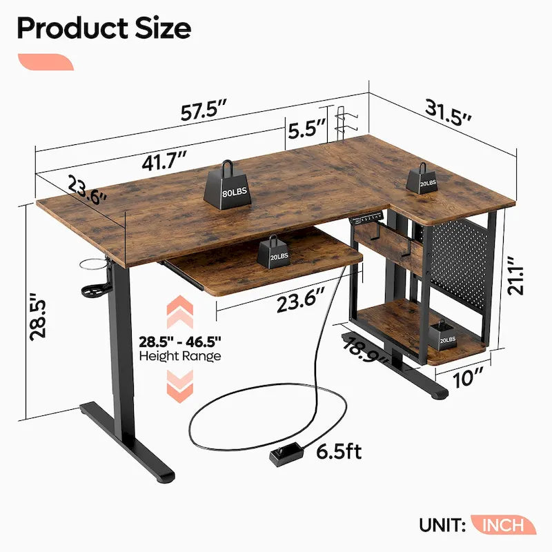 Bureau électrique assis-debout en forme de L de 57 pouces à hauteur réglable avec plateau de clavier et étagère hôte