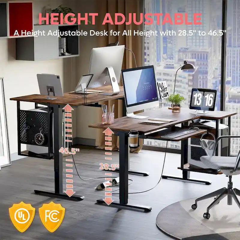 Bureau électrique assis-debout en forme de L de 57 pouces à hauteur réglable avec plateau de clavier et étagère hôte