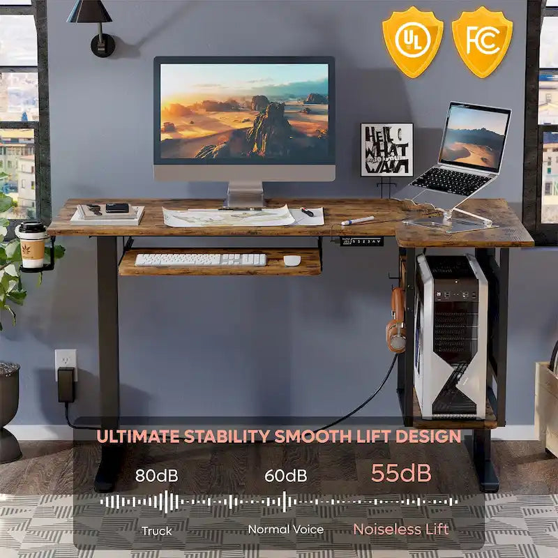 Bureau électrique assis-debout en forme de L de 57 pouces à hauteur réglable avec plateau de clavier et étagère hôte