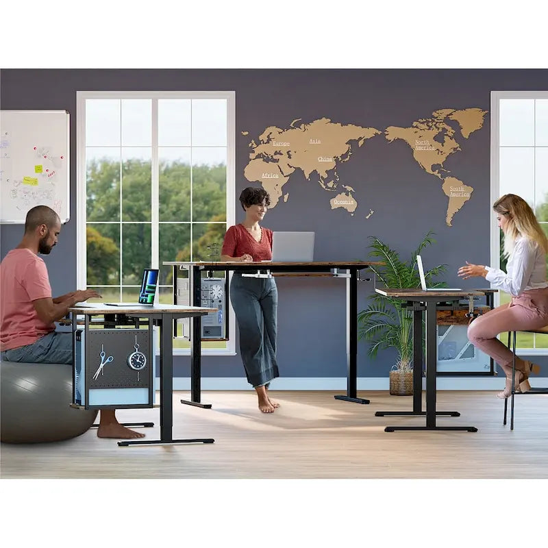 Bureau électrique assis-debout en forme de L de 57 pouces à hauteur réglable avec plateau de clavier et étagère hôte