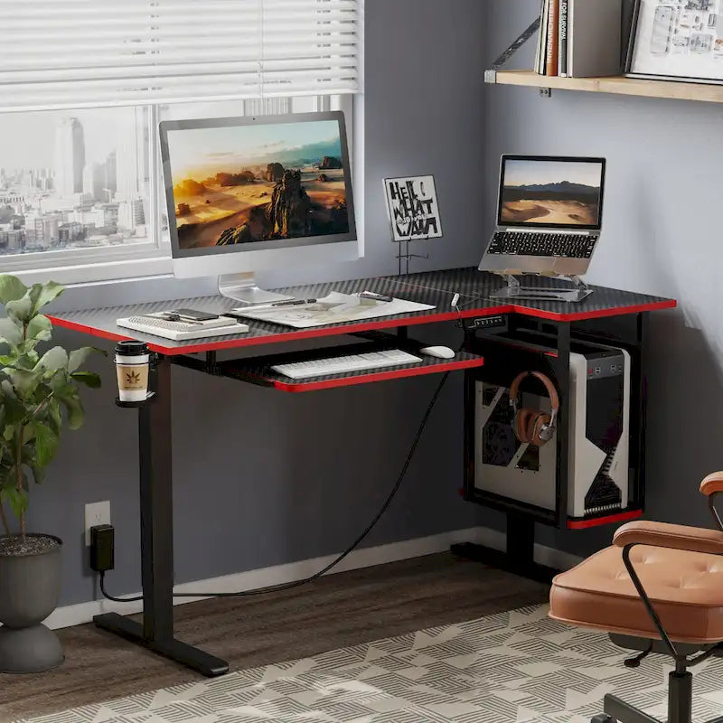 Bureau électrique assis-debout en forme de L de 57 pouces à hauteur réglable avec plateau de clavier et étagère hôte