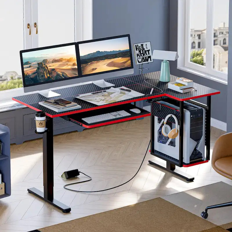 Bureau électrique assis-debout en forme de L de 57 pouces à hauteur réglable avec plateau de clavier et étagère hôte