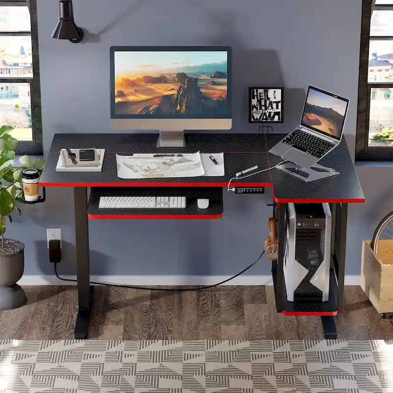 Bureau électrique assis-debout en forme de L de 57 pouces à hauteur réglable avec plateau de clavier et étagère hôte