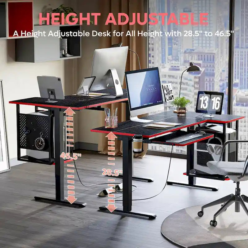 Bureau électrique assis-debout en forme de L de 57 pouces à hauteur réglable avec plateau de clavier et étagère hôte