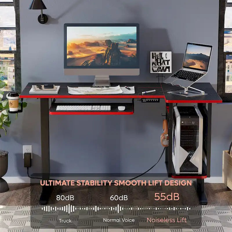 Bureau électrique assis-debout en forme de L de 57 pouces à hauteur réglable avec plateau de clavier et étagère hôte