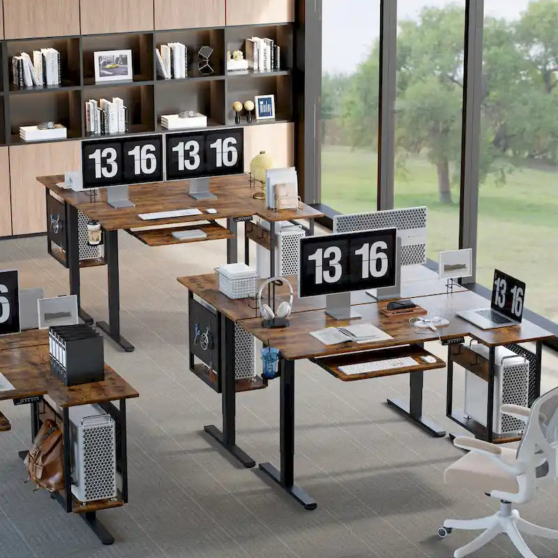Bureau électrique assis-debout en forme de L de 57 pouces à hauteur réglable avec plateau de clavier et étagère hôte