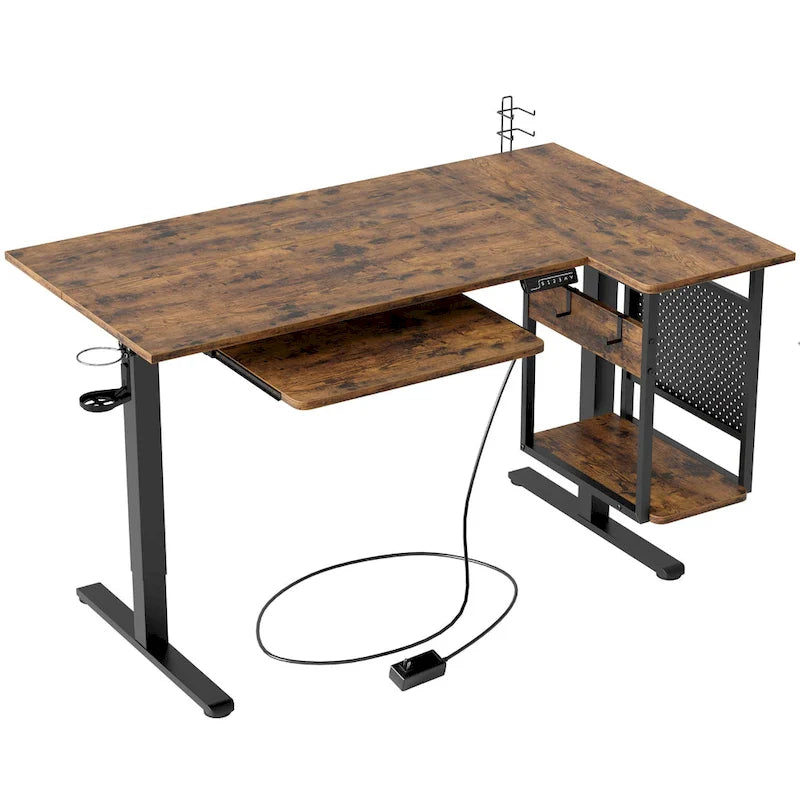 Bureau électrique assis-debout en forme de L de 57 pouces à hauteur réglable avec plateau de clavier et étagère hôte