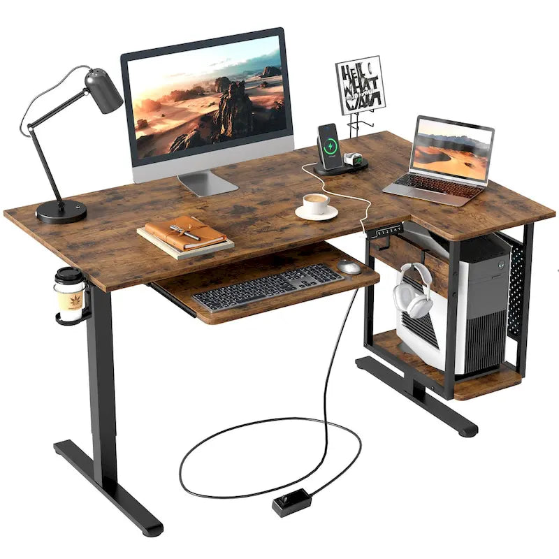 Bureau électrique assis-debout en forme de L de 57 pouces à hauteur réglable avec plateau de clavier et étagère hôte