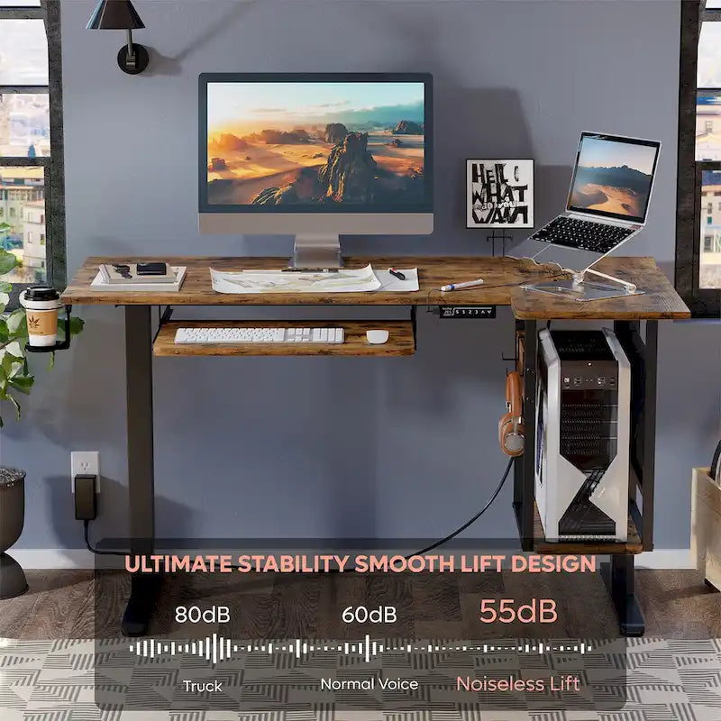 Bureau électrique assis-debout en forme de L de 57 pouces à hauteur réglable avec plateau de clavier et étagère hôte