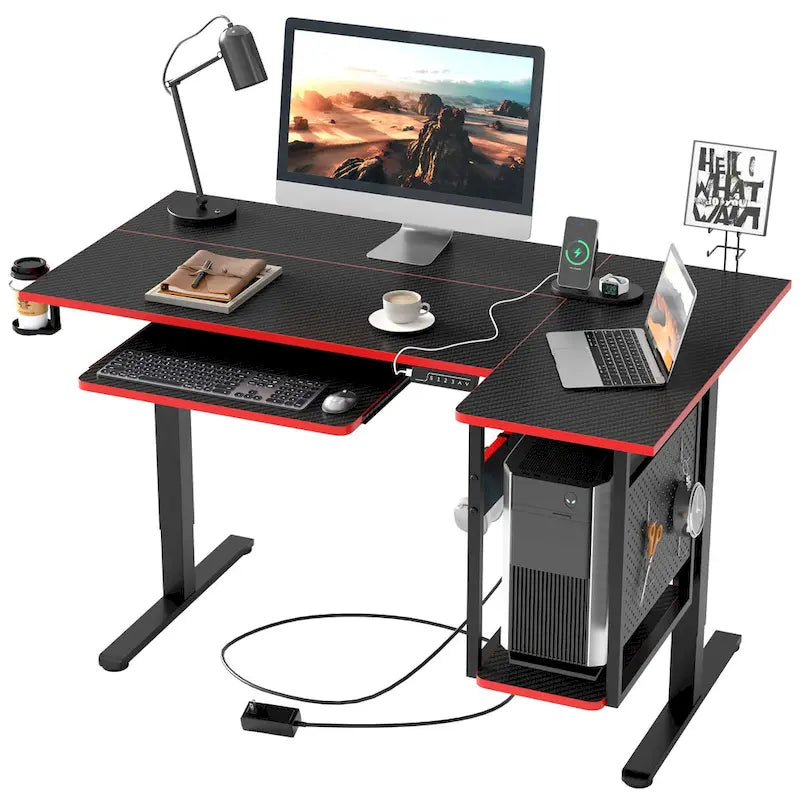 Bureau électrique assis-debout en forme de L de 57 pouces à hauteur réglable avec plateau de clavier et étagère hôte