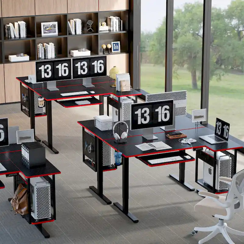 Bureau électrique assis-debout en forme de L de 57 pouces à hauteur réglable avec plateau de clavier et étagère hôte