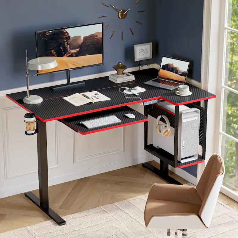 Bureau électrique assis-debout en forme de L de 57 pouces à hauteur réglable avec plateau de clavier et étagère hôte