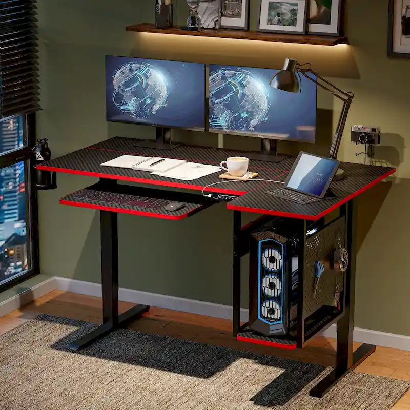 Bureau électrique assis-debout en forme de L de 57 pouces à hauteur réglable avec plateau de clavier et étagère hôte
