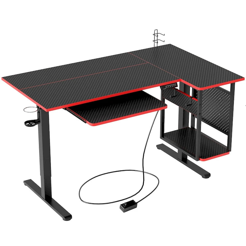 Bureau électrique assis-debout en forme de L de 57 pouces à hauteur réglable avec plateau de clavier et étagère hôte