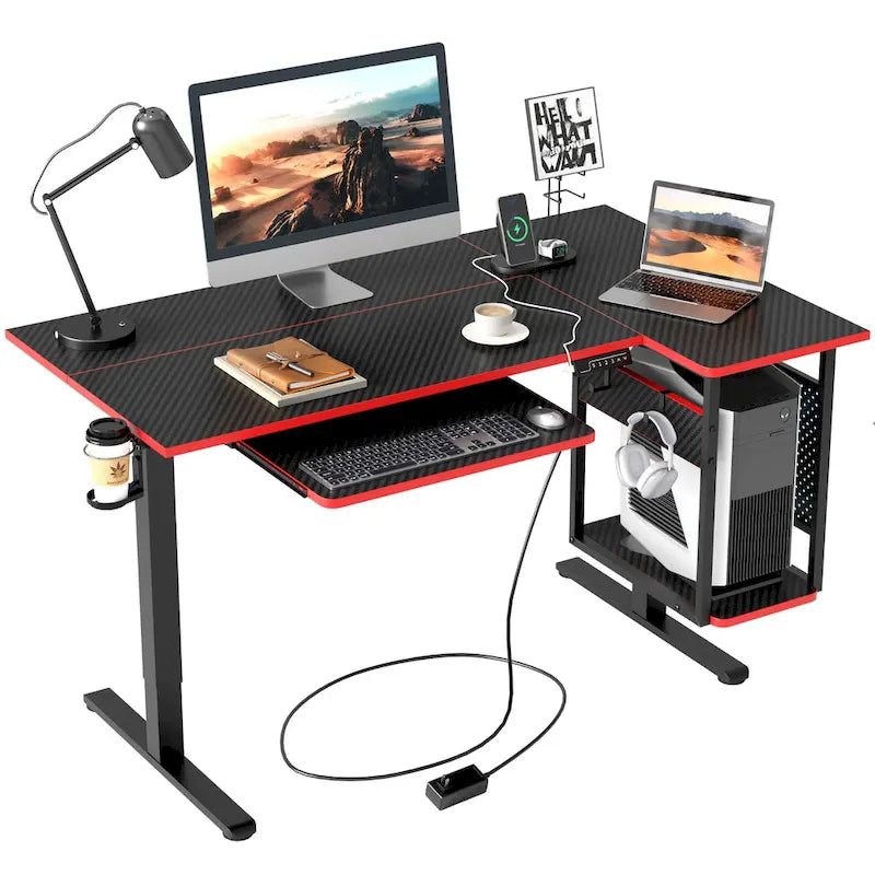 Bureau électrique assis-debout en forme de L de 57 pouces à hauteur réglable avec plateau de clavier et étagère hôte