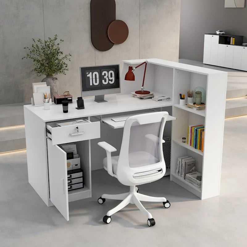 Comptoir d'accueil Timechee en L avec rangement verrouillable, blanc