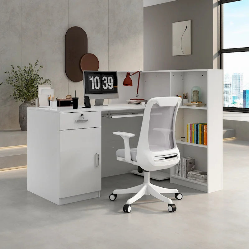 Comptoir d'accueil Timechee en L avec rangement verrouillable, blanc
