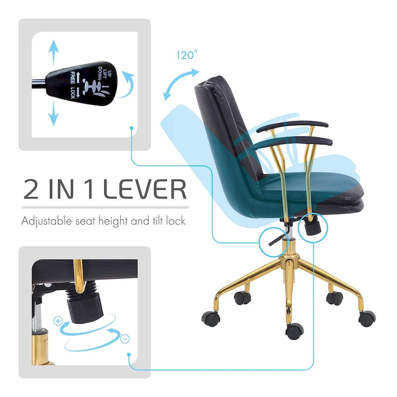Porthos Home Tilly, chaise de bureau, cuir PU, piétement à roulettes en chrome doré