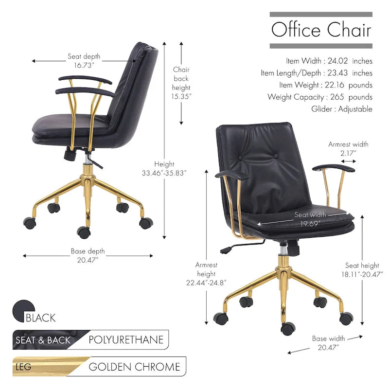 Porthos Home Tilly, chaise de bureau, cuir PU, piétement à roulettes en chrome doré
