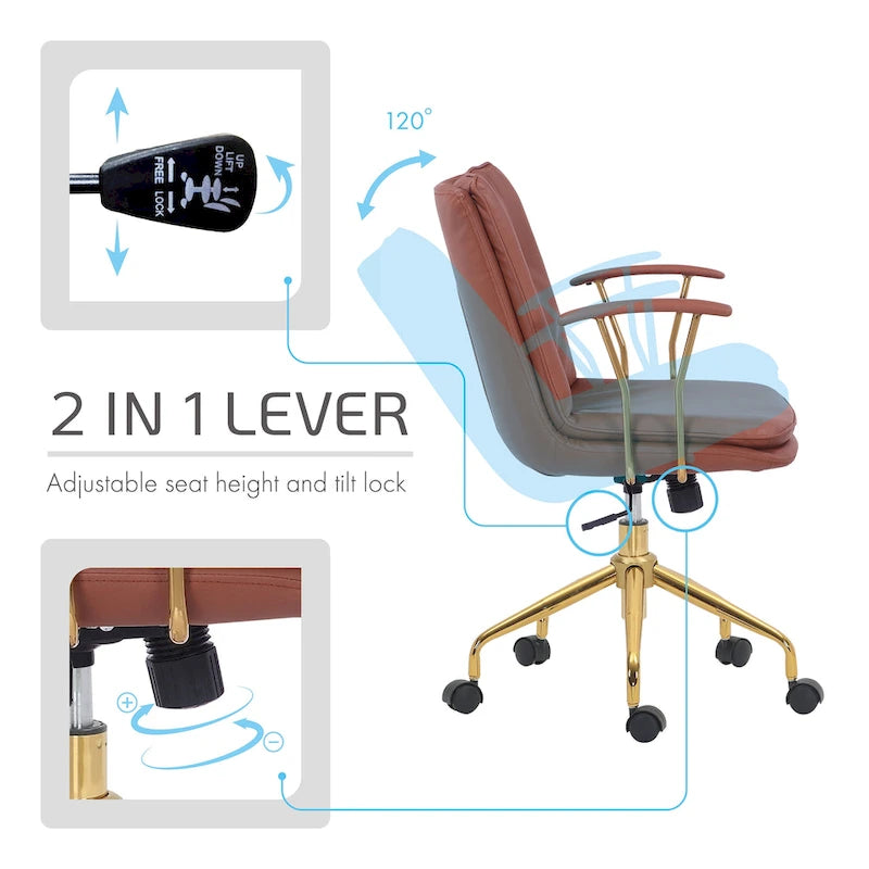 Porthos Home Tilly, chaise de bureau, cuir PU, piétement à roulettes en chrome doré