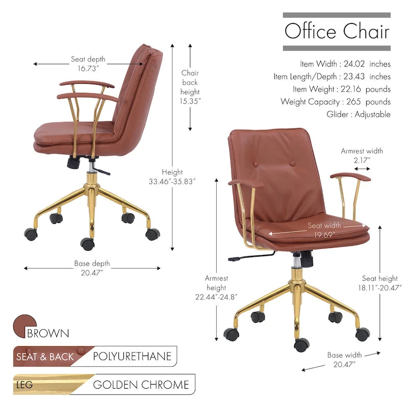 Porthos Home Tilly, chaise de bureau, cuir PU, piétement à roulettes en chrome doré