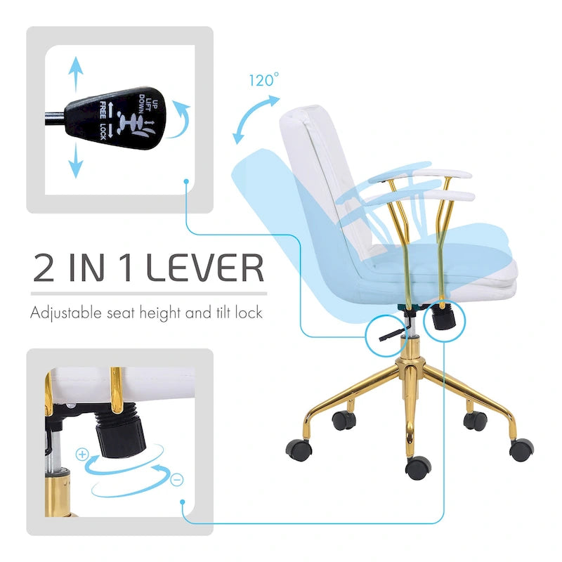 Porthos Home Tilly, chaise de bureau, cuir PU, piétement à roulettes en chrome doré