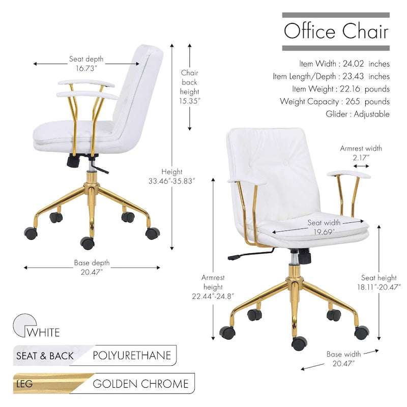 Porthos Home Tilly, chaise de bureau, cuir PU, piétement à roulettes en chrome doré