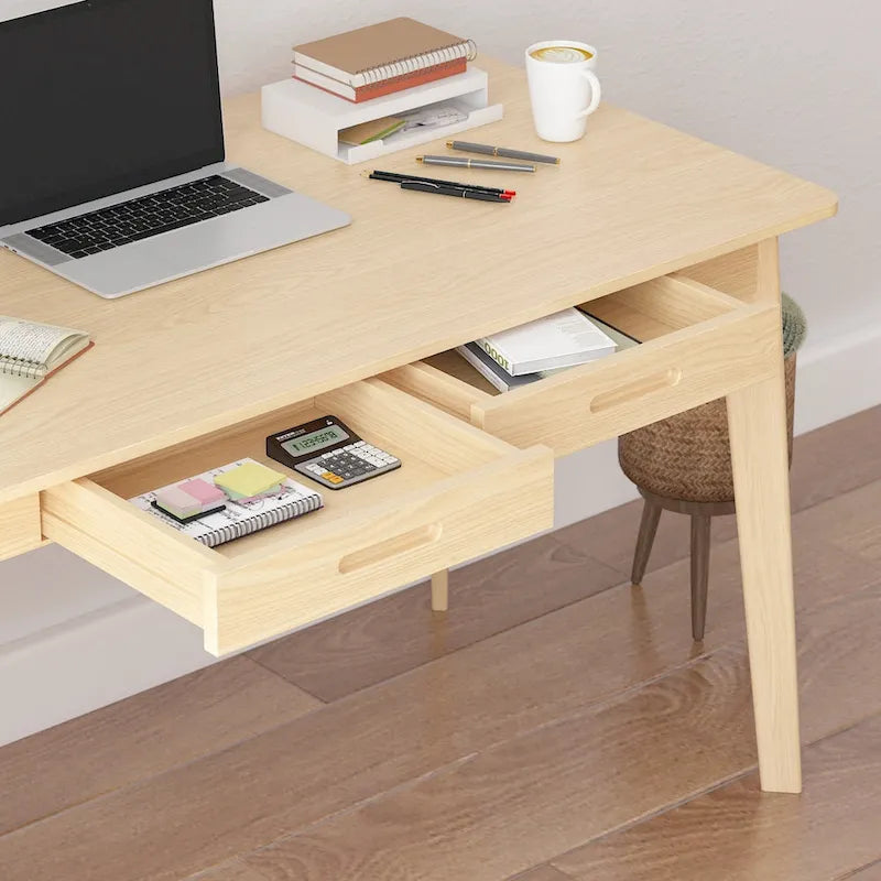 Bureau d'ordinateur en bois beige Timechee, bureau de 47 po avec 2 tiroirs