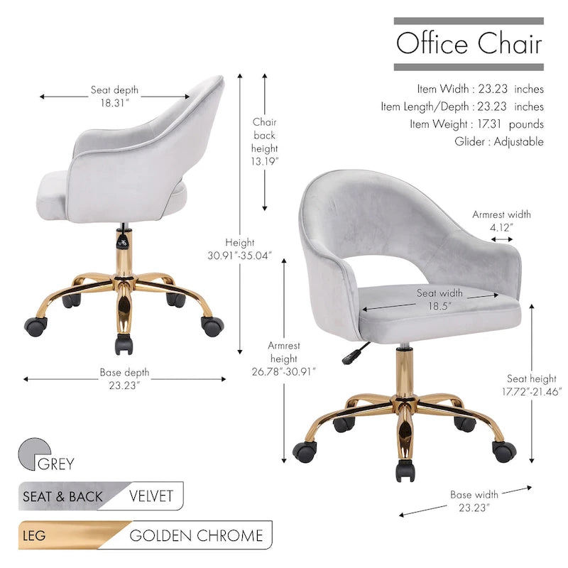 Chaise de bureau pivotante en velours Porthos Home Camron, pieds chromés dorés