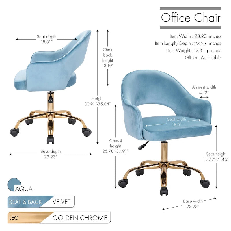 Chaise de bureau pivotante en velours Porthos Home Camron, pieds chromés dorés