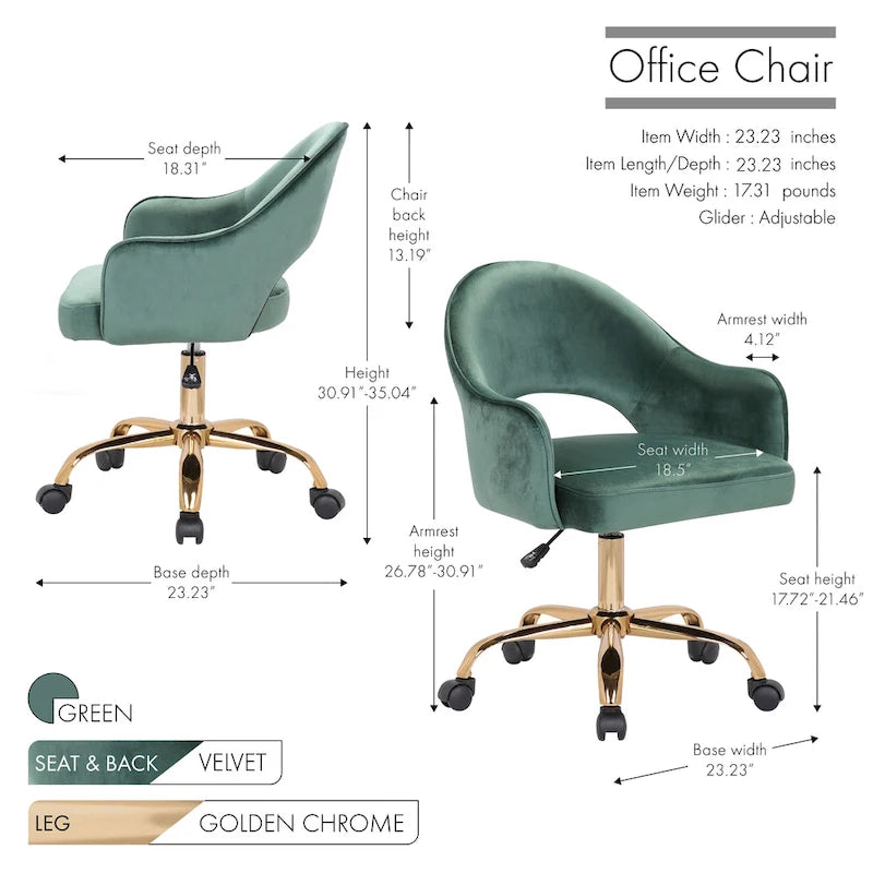 Chaise de bureau pivotante en velours Porthos Home Camron, pieds chromés dorés