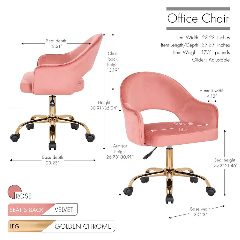 Chaise de bureau pivotante en velours Porthos Home Camron, pieds chromés dorés
