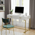 Bureau informatique blanc et doré de 100 cm avec 2 tiroirs