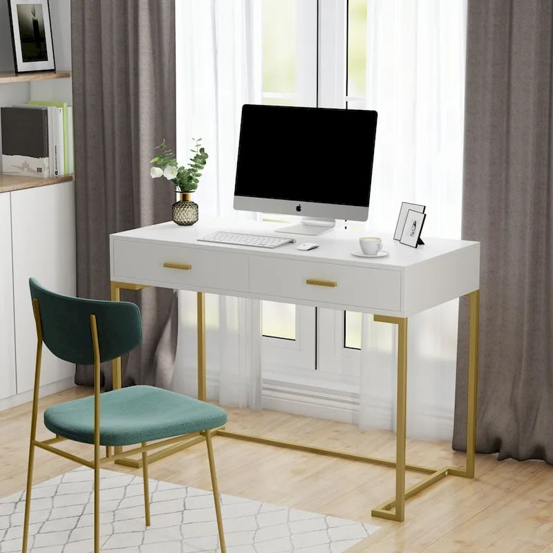 Bureau informatique blanc et doré de 100 cm avec 2 tiroirs